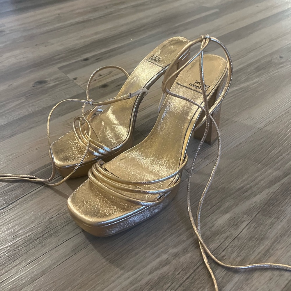 Jeffery Campbell Presecco Platform Heeled Sandal in Rose Gold Metallic